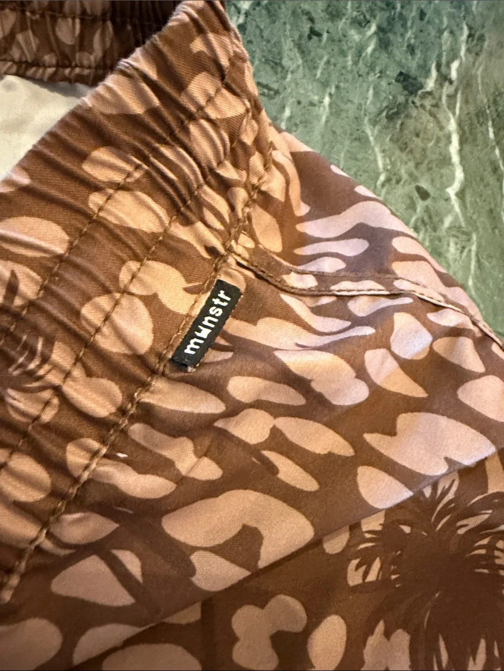 🤎 Munster Brown and Tan Palm Print Kids (12) Swim Trunks (needs sewing love) 🤎